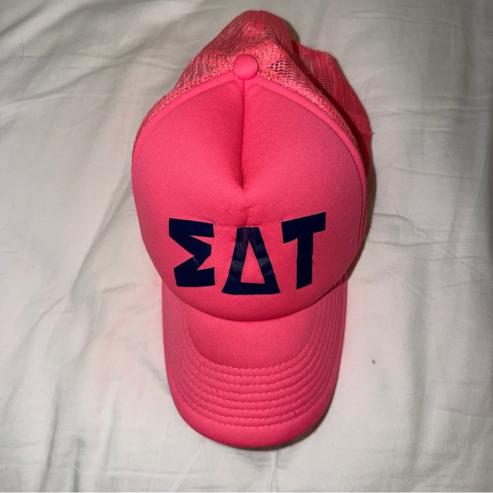 Vintage Sigma Delta Tau Trucker Hat – Hot Pink with Dark Blue Greek Letters